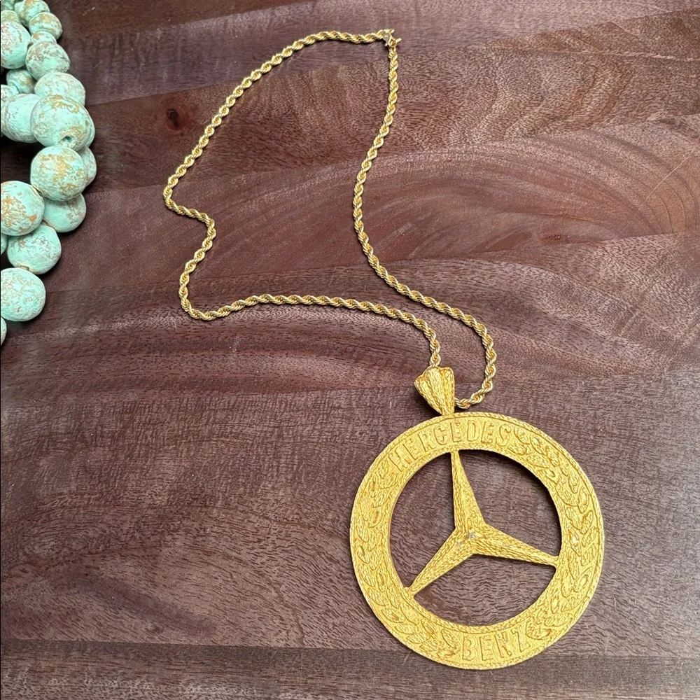 Gold Metal Mercedes Benz Logo Pendant Medallion and Chain Necklace